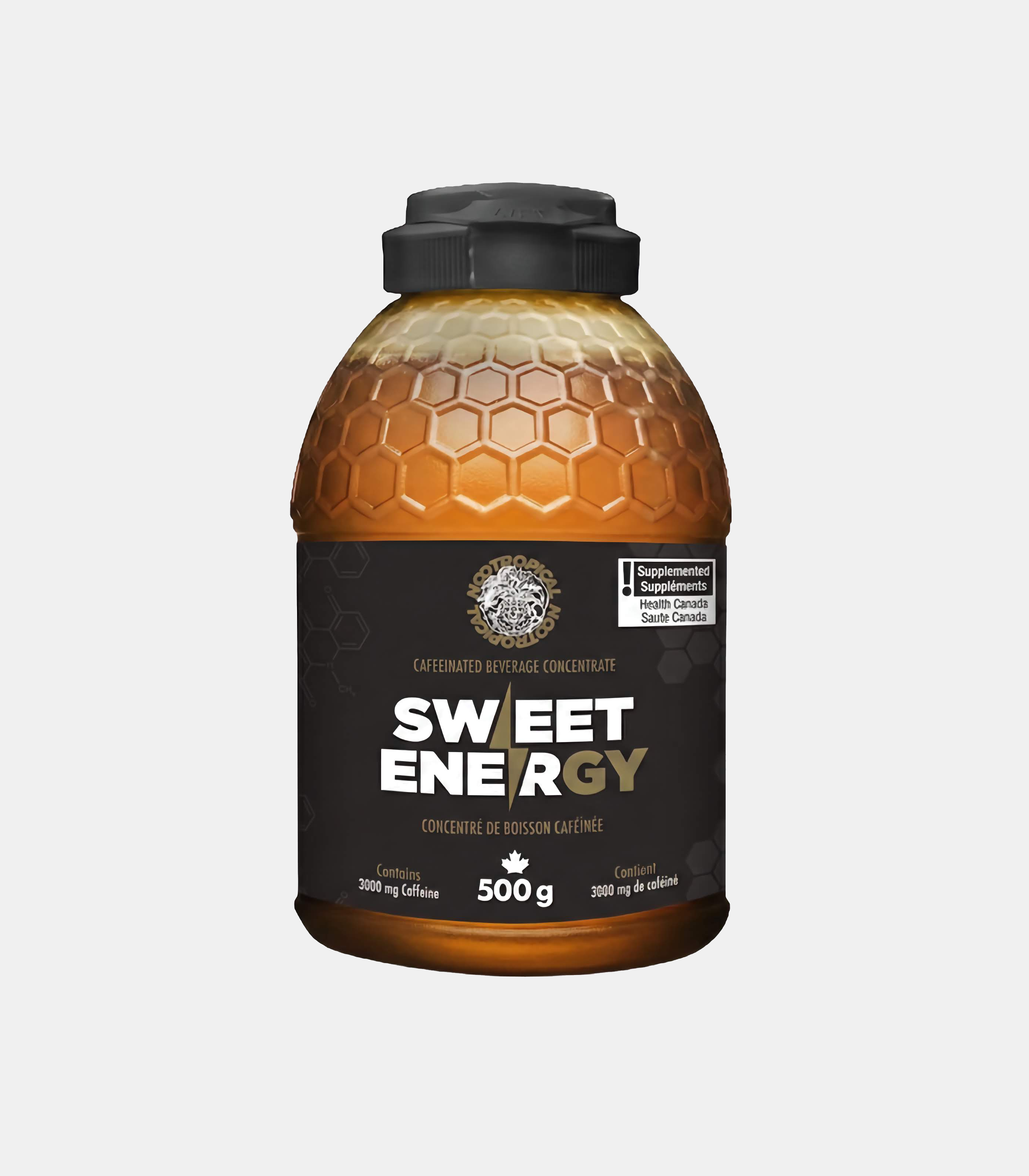 SWEETENERGY Caffeinated Beverage Concentrate bottle, 500 g, front label on black and gold packaging