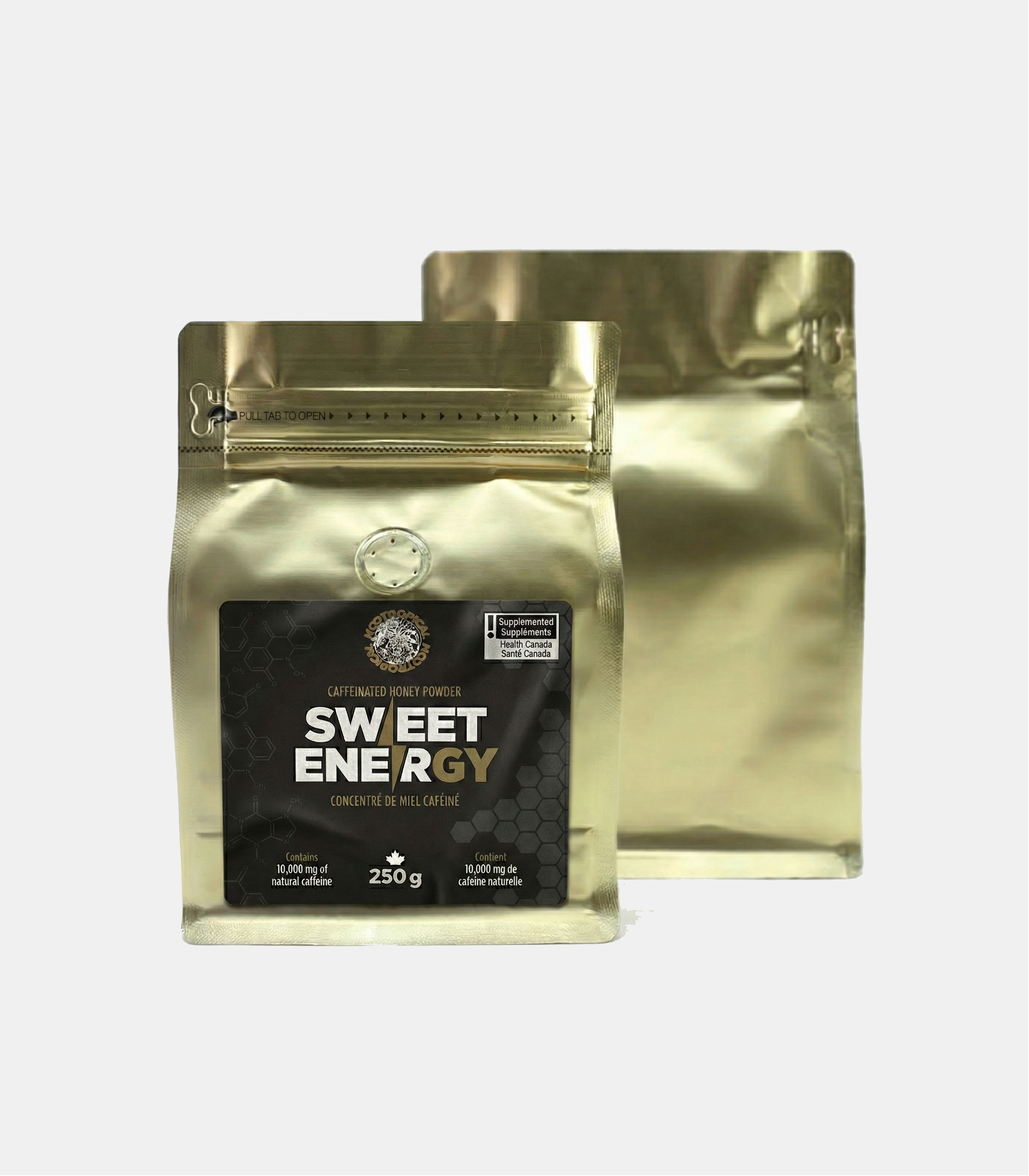 SWEETENERGY Caffeinated Drink Powder 250 g pouch, front and back packaging
