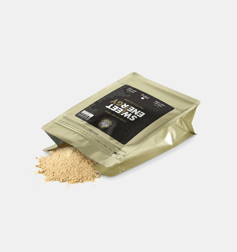 SWEETENERGY Caffeinated Drink Powder being poured for water preparation
